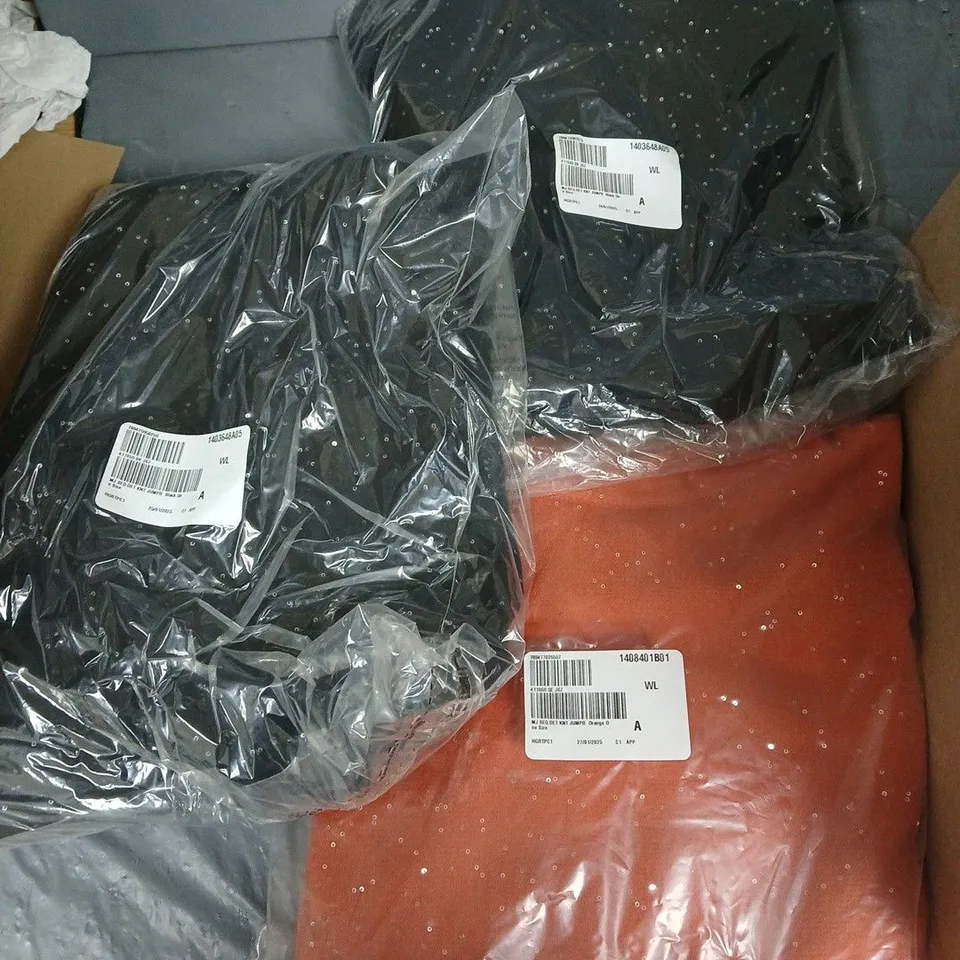 BOX OF ASSORTED CLOTHING ITEMS IN DIFFERENT SIZES AND COLOURS 