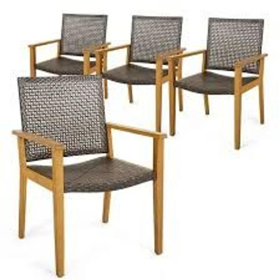 BOXED COSTWAY SET OF 4 OUTDOOR ACACIA WOOD AND PE WICKER CHAIR