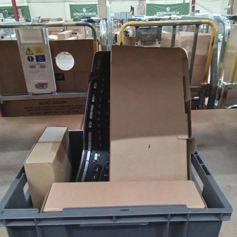 TOTE OF ASSORTED ITEMS INCLUDING POLYCOM EXPANSION MIC, TALKTALK ROUTER, MITEL WLAN ADAPTER AND MICROSOFT ERGONIKEYBOARD 4000V1.0