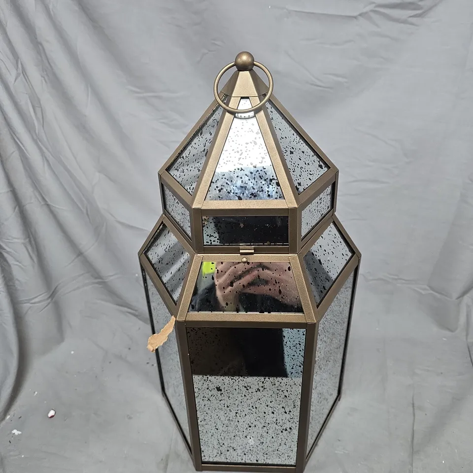 HOME STORIES MERCURY GLASS LARGE LANTERN WITH RICE LIGHTS