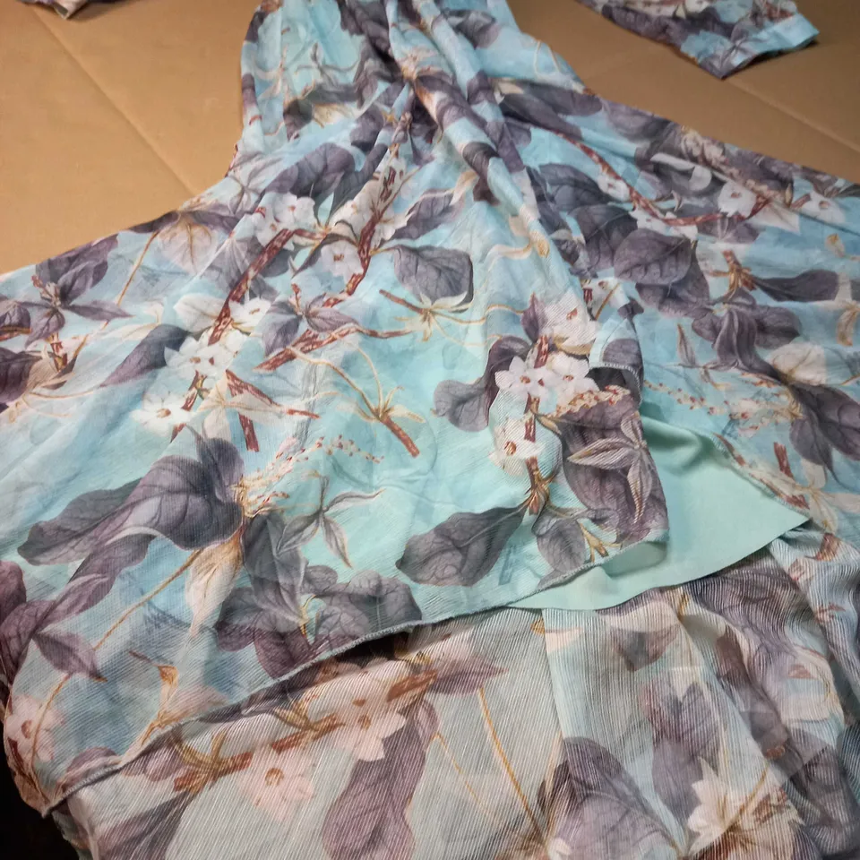 DESIGNER BLUE/FLORAL PRINT FLOWING DRESS