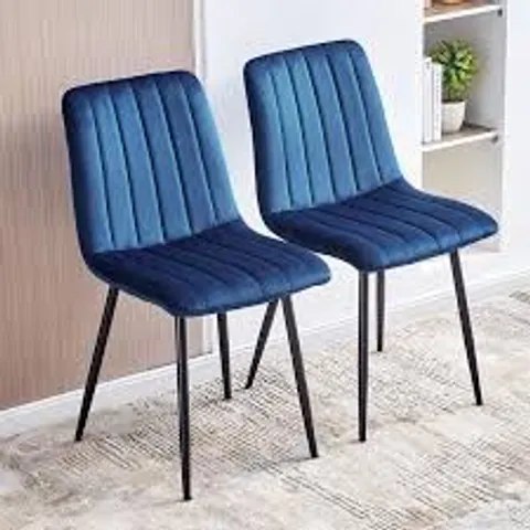 BOXED SET OF 2 DESIGNER BLUE VELVET DINING CHAIRS SET WITH METAL LEGS