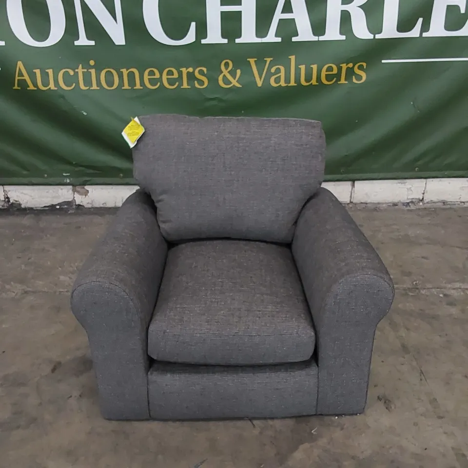 DESIGNER GREY FABRIC UPHOLSTERED ARMCHAIR