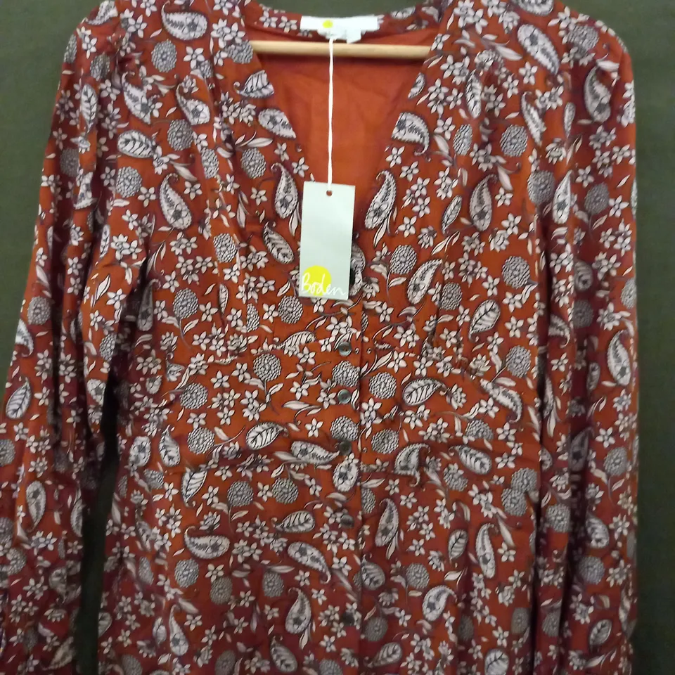 BODEN BUTTON THROUGH MIDI TEA DRESS IN FLORAL DESIGN RED/WHITE - UK 8R