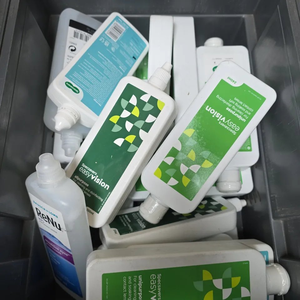 TOTE OF APPROXIMATELY 20 ASSORTED CONTACT LENS SOLUTIONS