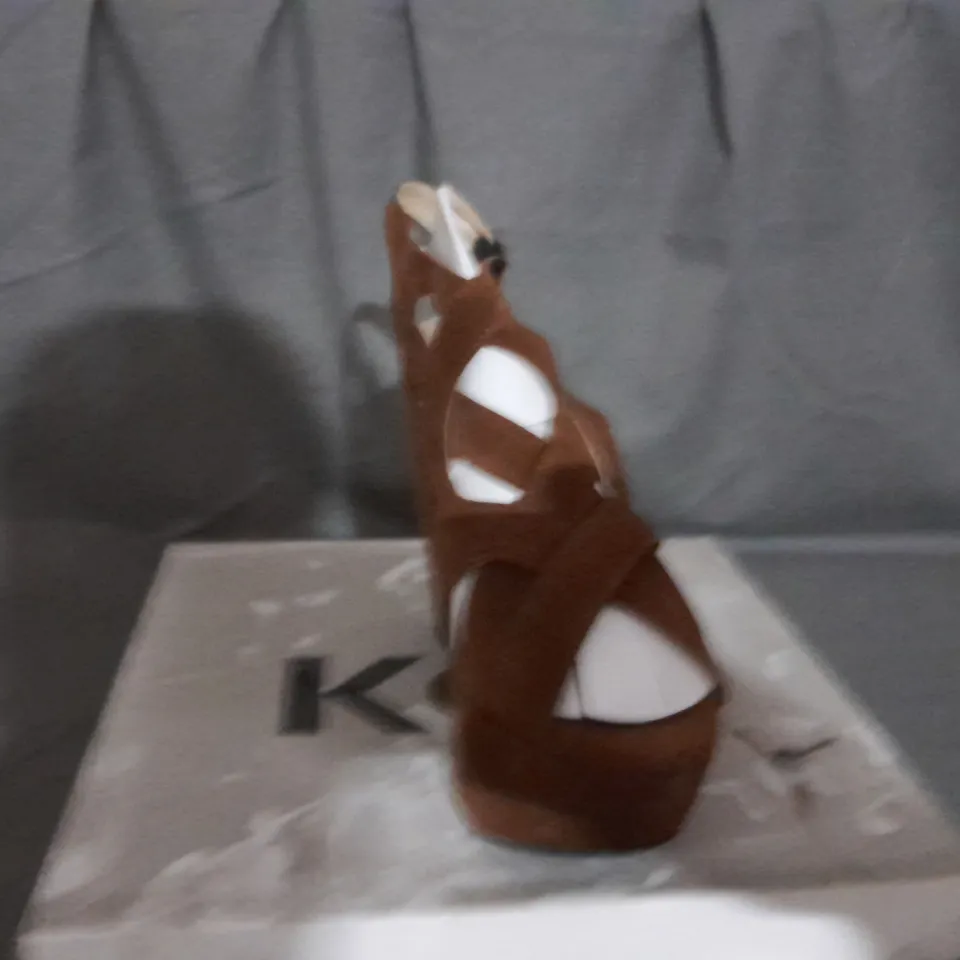 APPROXIMATELY 6 BOXED PAIRS OF KOI WEDGE SANDALS IN BROWN SUEDE VARIOUS SIZES TO INCLUDE SIZE 6