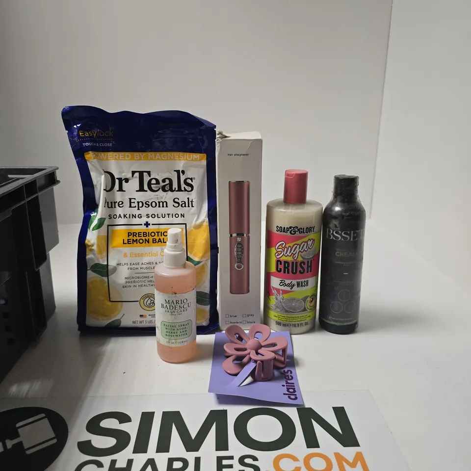 TOTE OF APPROXIMATELY 10 ASSORTED BEAUTY PRODUCTS INCLUDING CORDLESS HAIR STRAIGHTENER, MARIO BADESCU FACIAL SPRAY AND DR TEALS PURE EPSON SALT