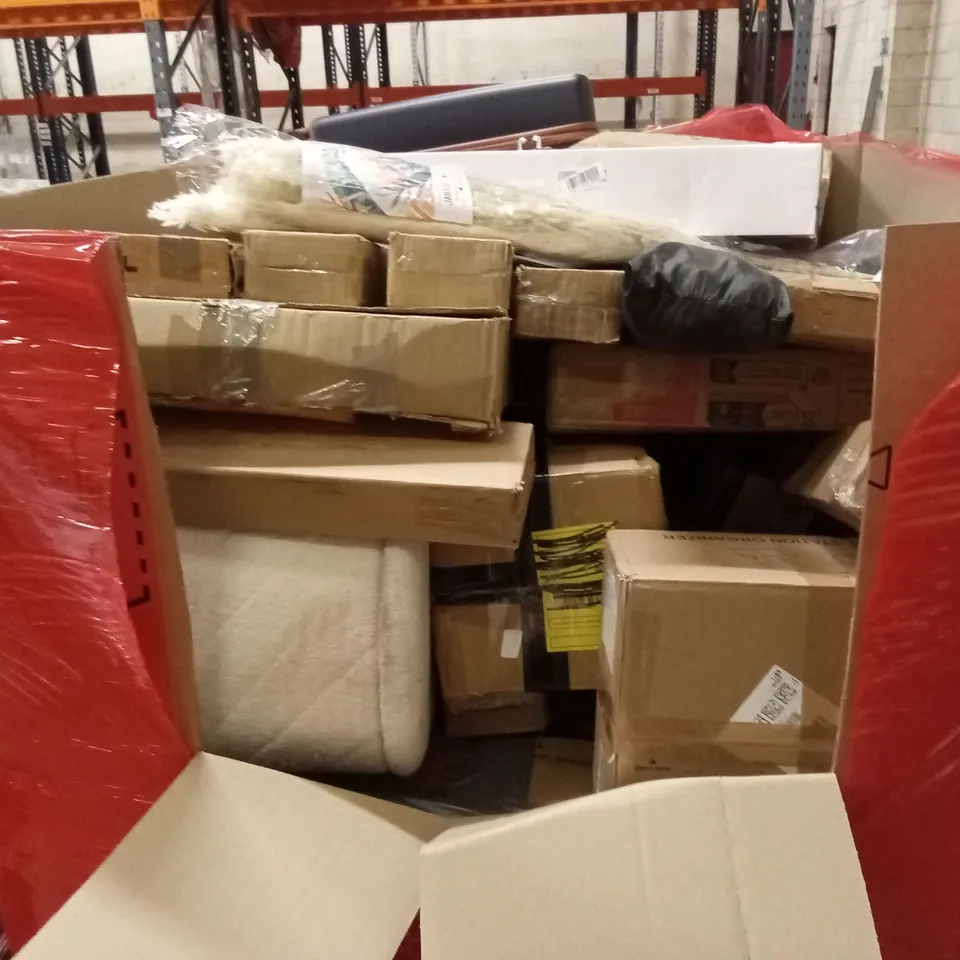 PALLET OF ASSORTED HOUSEHOLD GOODS AND PRODUCTS TO INCLUDE; BOXED FURNITURE, DECORATIVE FAUX FLOWERS, COFFEE STATION ORGANISER ETC
