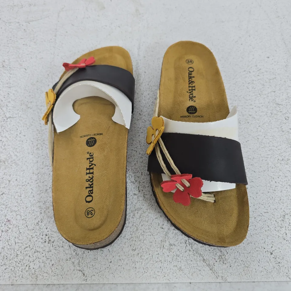 OAK & HYDE SANDALS – WOMEN'S, DARK BROWN CORAL/BLACK & WHITE STRAPS, UK 5 (EU 38) – BOXED