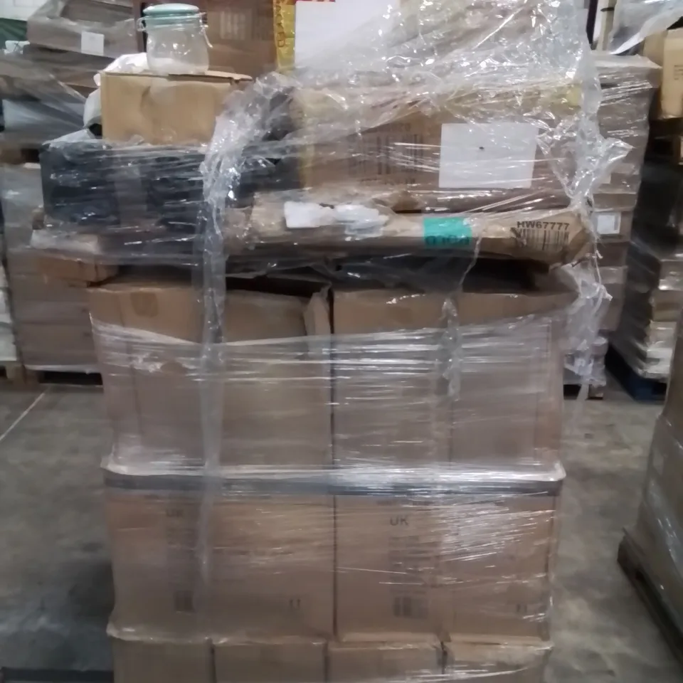 PALLET CONTAINING ASSORTED ITEMS TO INCLUDE: LARGE QUANTITY OF GLASS JARS, AND OTHER FURNITURE ECT.
