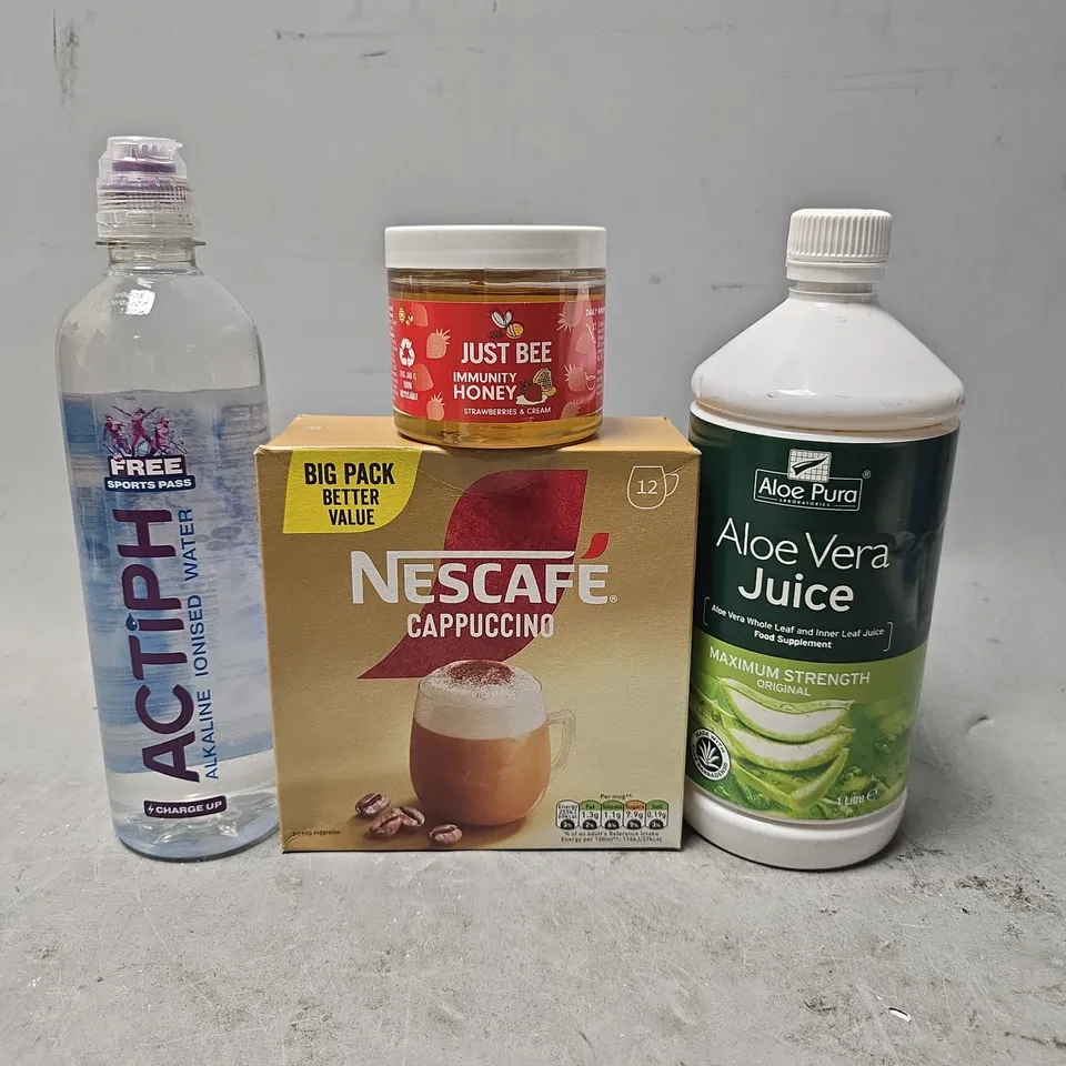 APPROXIMATELY 12 ASSORTED FOOD & DRINK ITEMS TO INCLUDE - NESVAFE CAPPUCCINO , ALOE VERA JUICE , JUST BEE IMMUNITY HONEY ETC