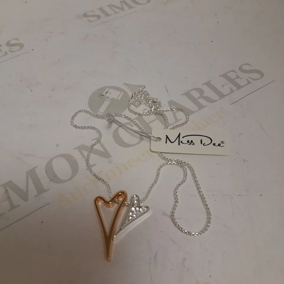 MISS DEE SILVER/ROSE GOLD PLATED NECKLACE WITH HOLLOW AND DIAMANTE HEART PENDANTS