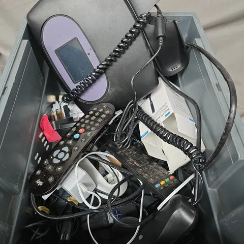 BOX OF ASSORTED CABLES AND HOME PHONES 