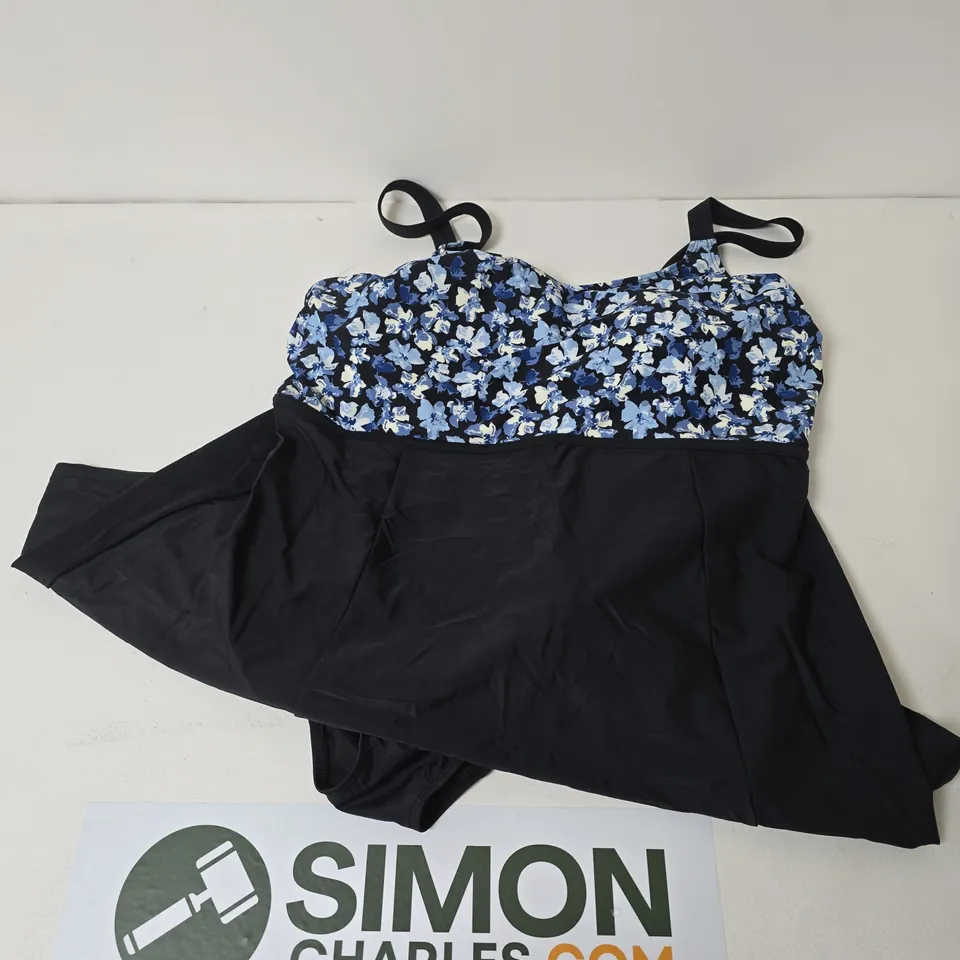 BONPRIX WOMEN'S FLORAL PRINT SWIMDRESS – BLUE FLORAL BODICE & BLACK SKIRT, UK 22 (EU 48)