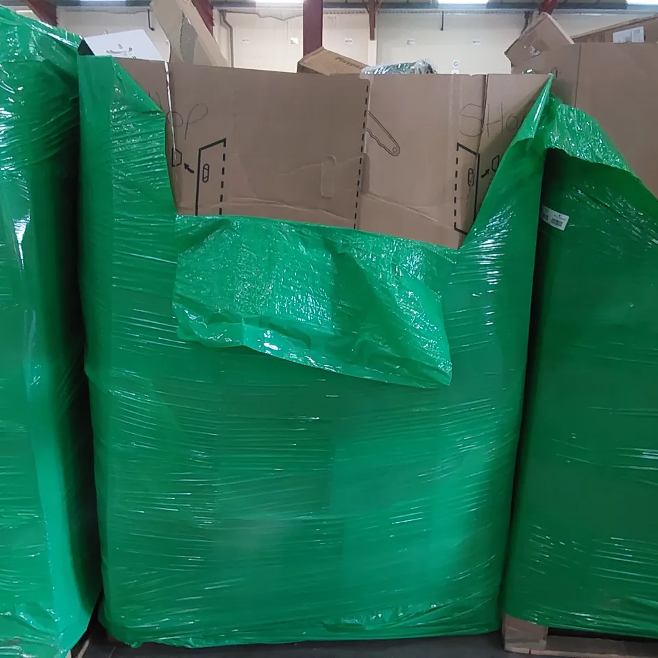 PALLET OF ASSORTED CONSUMER PRODUCTS TO INCLUDE: FOOTBALL GOAL, PORTABLE AIR CONDITIONER PARTS, RUG, VASE AND CANDLES SET, PULL UP BAR ECT