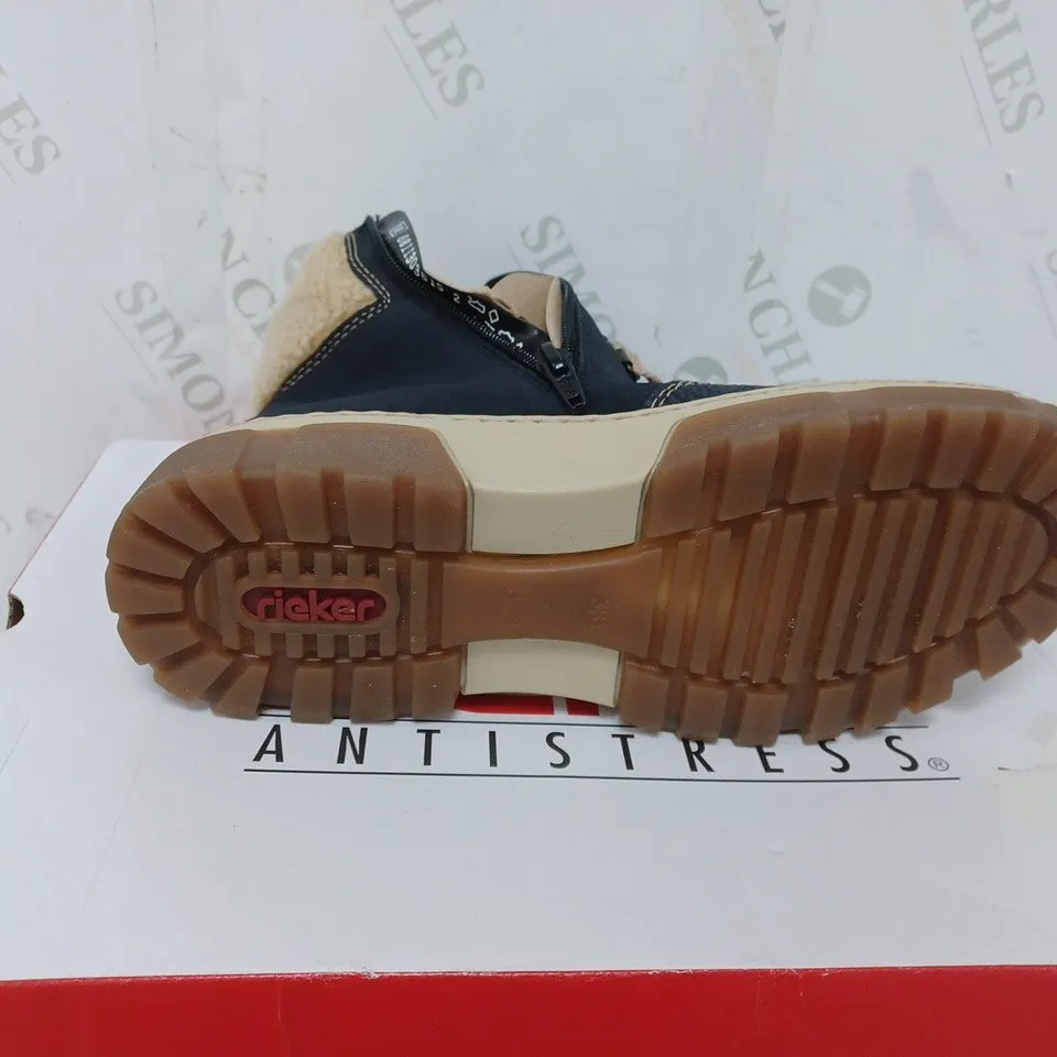 BOXED PAIR OF RIEKER LACE UP CHUNKY BOOTS IN NAVY SIZE 5 