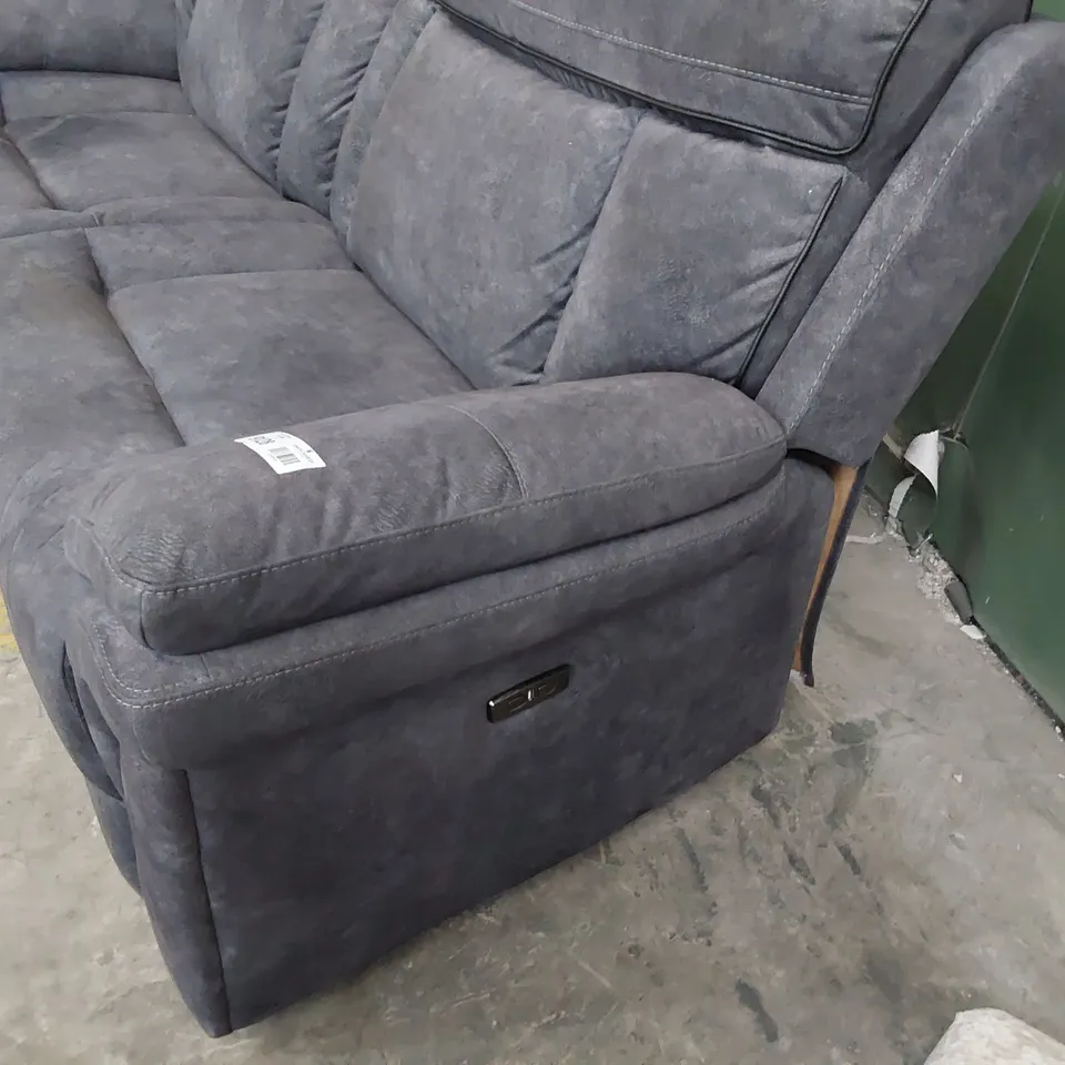 DESIGNER POWER RECLINING THREE SEATER SOFA CHARCOAL FABRIC WITH BLACK PIPING