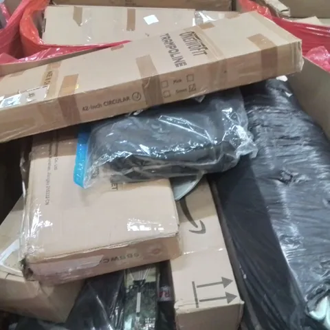 PALLET CONTAINING VARIOUS ASSORTED BOXED HOUSEHOLD ITEMS TO INCLUDE: CARRY CASES, KIDS TRAMPOLINE, AREA RUG, TRIPOD SPRINKLER AND LOTS MORE UNMARKED BOXED ITEMS