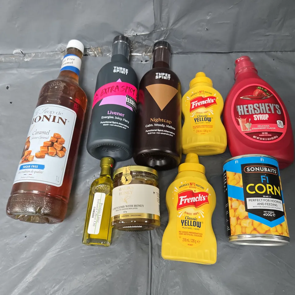 APPROXIMATELY 10 ASSORTED FOOD ITEMS TO INCLUDE MALIKS HONEY, HERSHEYS SYRUP, AND MONIN CARAMEL ETC. 