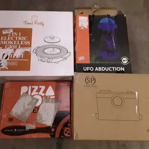 PALLET OF ASSORTED PRODUCTS INCLUDING PIZZA PEEL, ELECTRIC SMOKELESS GRILL & HOTPOT, SANITARY PUMPS, INFLATABLE UFO ABDUCTION