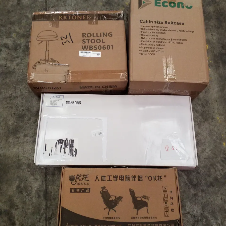 PALLET OF ASSORTED PRODUCTS INCLUDING ROLLING STOOL, CABIN SUITCASE, THERMOSTATIC MIXER, KEYBOARD TRAY
