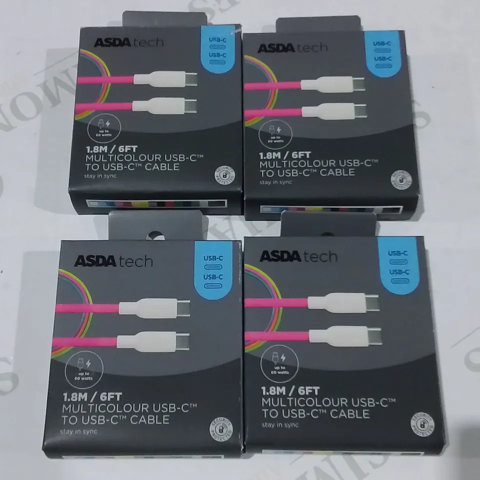 LOT OF 58 4-PACK BOXES OF BRAND NEW 1.8M MULTICOLOUR USB-C TO USB-C CABLES - 232 TOTAL PIECES