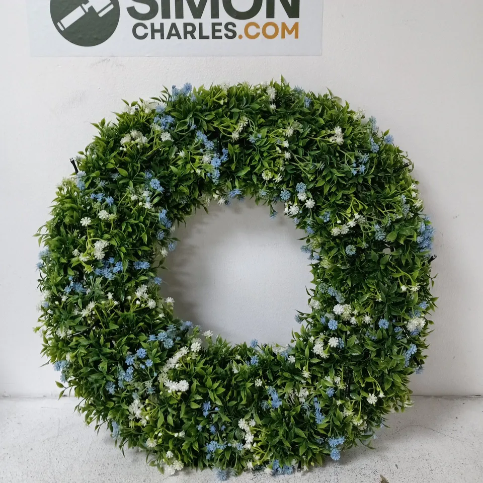 ARTIFICIAL FLORAL WREATH WITH INTEGRATED LED LIGHTS AND TIMER BOXED