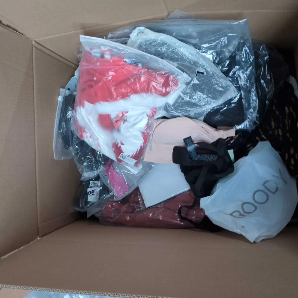 BOX OF APPROXIMATELY 25 ASSORTED CLOTHING ITEMS TO INCLUDE:  XPLOSIVE APE TSHIRT AND GREEN WORK PANTS