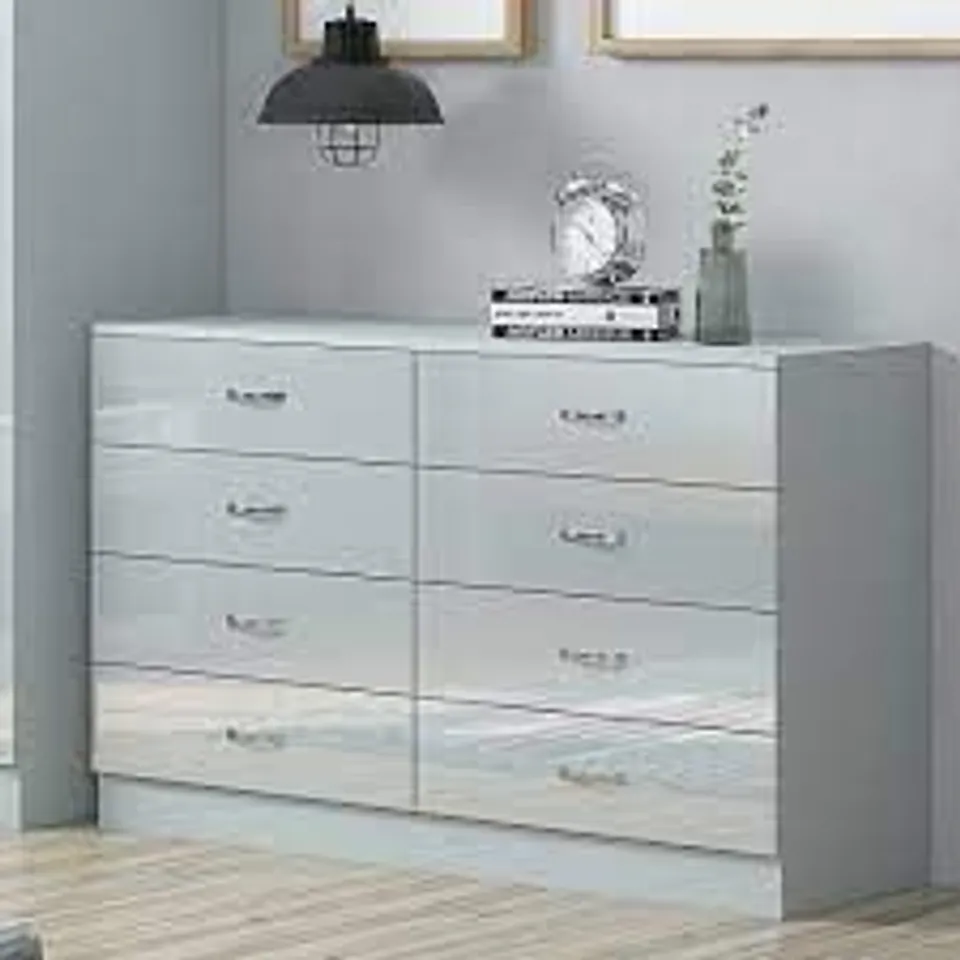 BOXED BRENDLE CHILTON 8 DRAWER CHEST OF DRAWERS GREY GLOSS (2 BOXES)