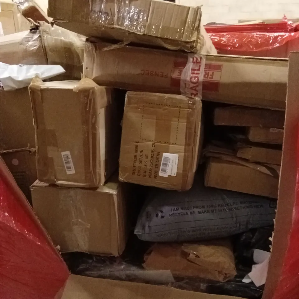 PALLET OF ASSORTED ITEMS TO INCLUDE: HOUSEHOLD GOODS AND FLATPACK FURNITURE ETC