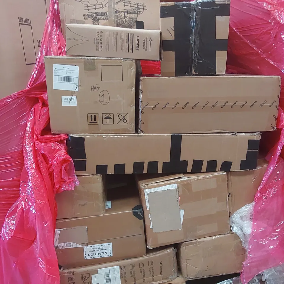 PALLET CONTAINING VARIOUS ASSORTED BOXED HOUSEHOLD ITEMS TO INCLUDE: ROWING MACHINE, 24" FHD MONITOR, PRESSURE WASHER, COOKER HOOD, ELLIPTICAL PEDAL EXERCISER AND LOTS MORE UNMARKED BOXED ITEMS 