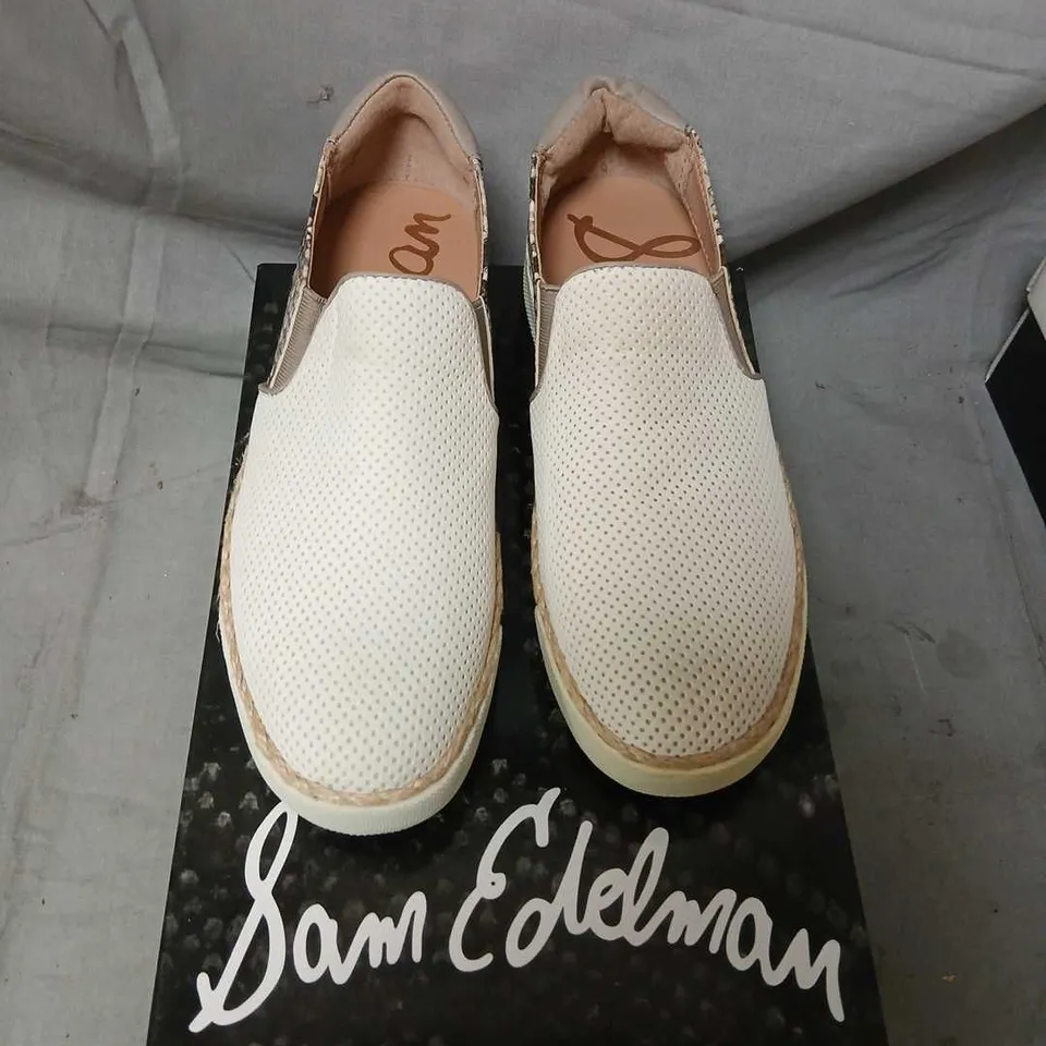 SAM EDELMAN BANKS SLIP-ON ESPADRILLE SNEAKERS – BEIGE PERFORATED UPPER, SNAKESKIN HEEL, EU 37