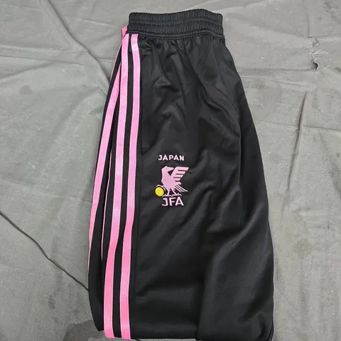 ADIDAS BLACK TRACK PANTS WITH PINK SIDE STRIPES AND JFA CREST - UK XL