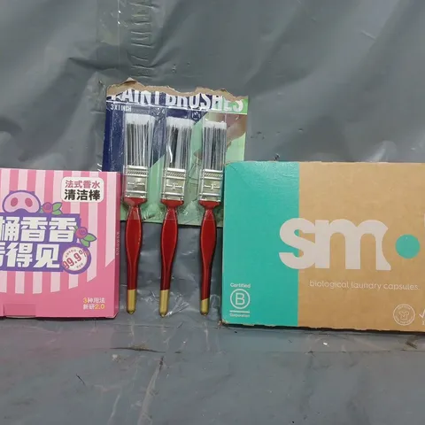 APPROXIMATELY 10 ASSORTED HOUSEHOLD ITEMS TO INCLUDE LAUNDRY CAPSULES, TOILET FRAGRANCE STICKS, PAINT BRUSHES, ETC