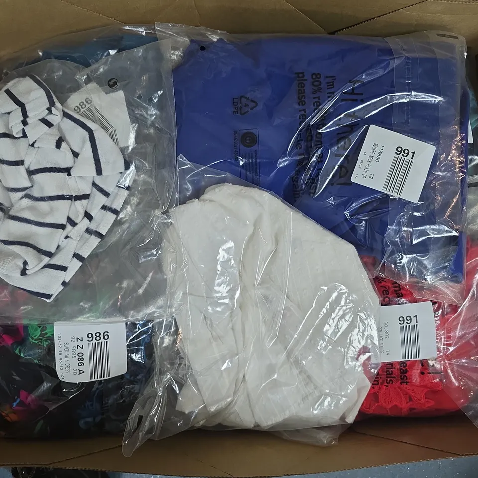APPROXIMATELY 23 ASSORTED CLOTHING ITEMS IN VARIOUS SIZES, STYLES & SIZES TO INCLUDE WHITE GYPSY TOP , BLUE STONE SHORTS , BLUE SATIN JACKET , ETC - COLLECTION ONLY 