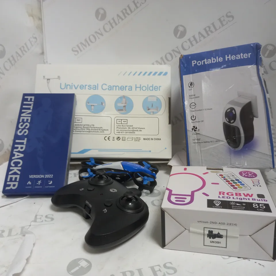 BOX OF APPROXIMATELY 5 ITEMS TO INCLUDE DRONE SET, PORTABLE HEATER, FITNESS TRACKER ETC