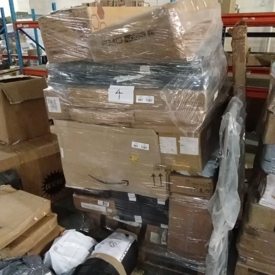 PALLET OF ASSORTED HOUSEHOLD GOODS AND PRODUCTS TO INCLUDE; SHOES FLATPACK FURNITURE, SPORTS GOODS ETC