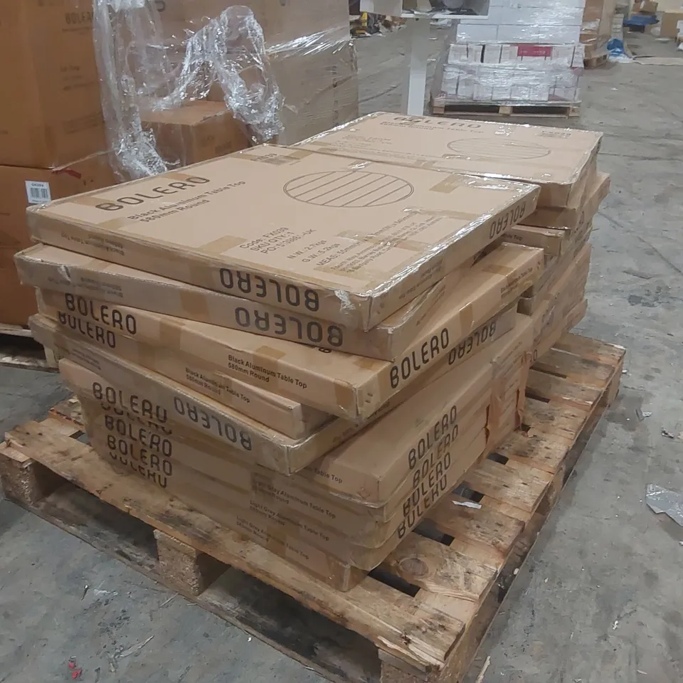 PALLET CONTAINING APPROXIMATELY 19x BRAND NEW BOLERO ALUMINIUM TABLE TOPS 