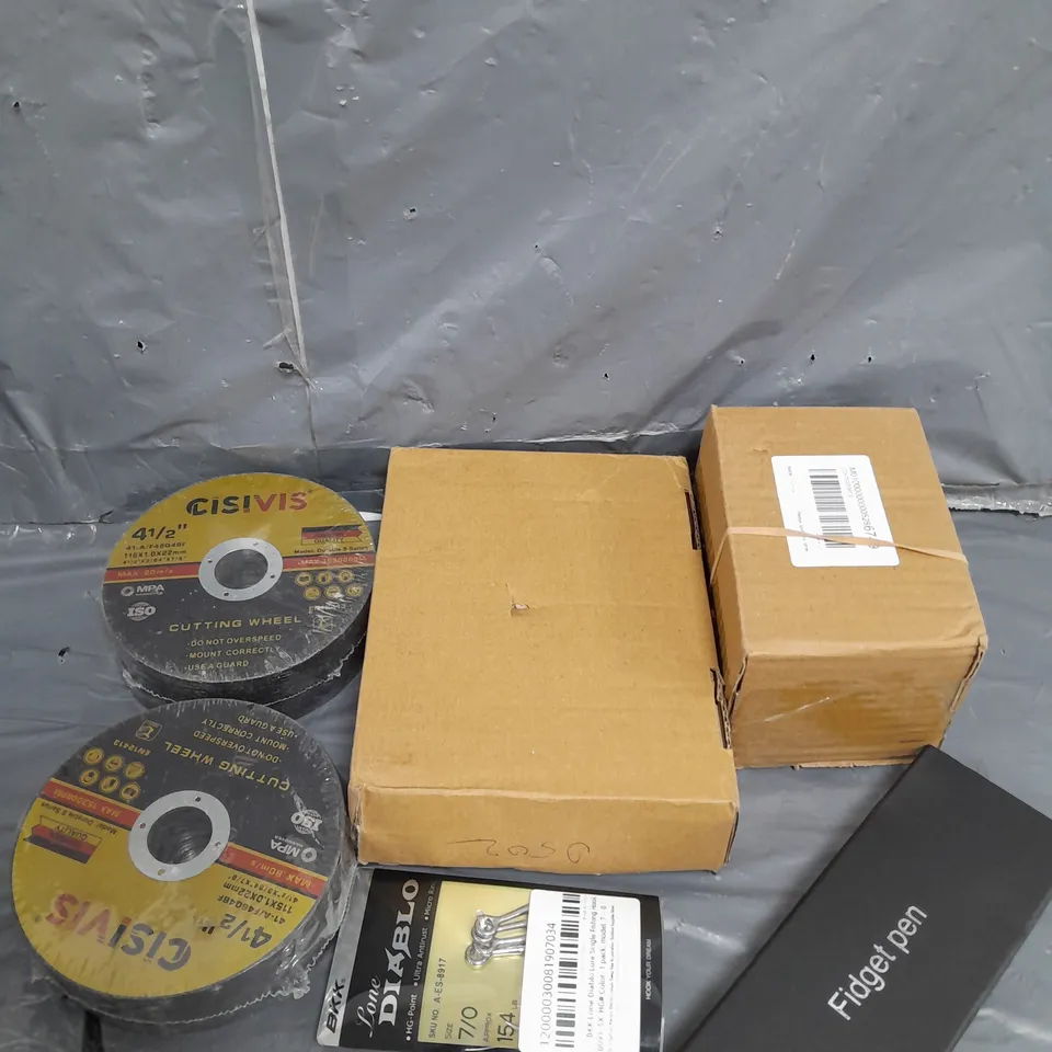 APPROXIMATELY 10 ASSORTED HOUSEHOLD ITEMS TOO INCLUDE , CUTTING WHEELS , GOLF BALLS , ETC 