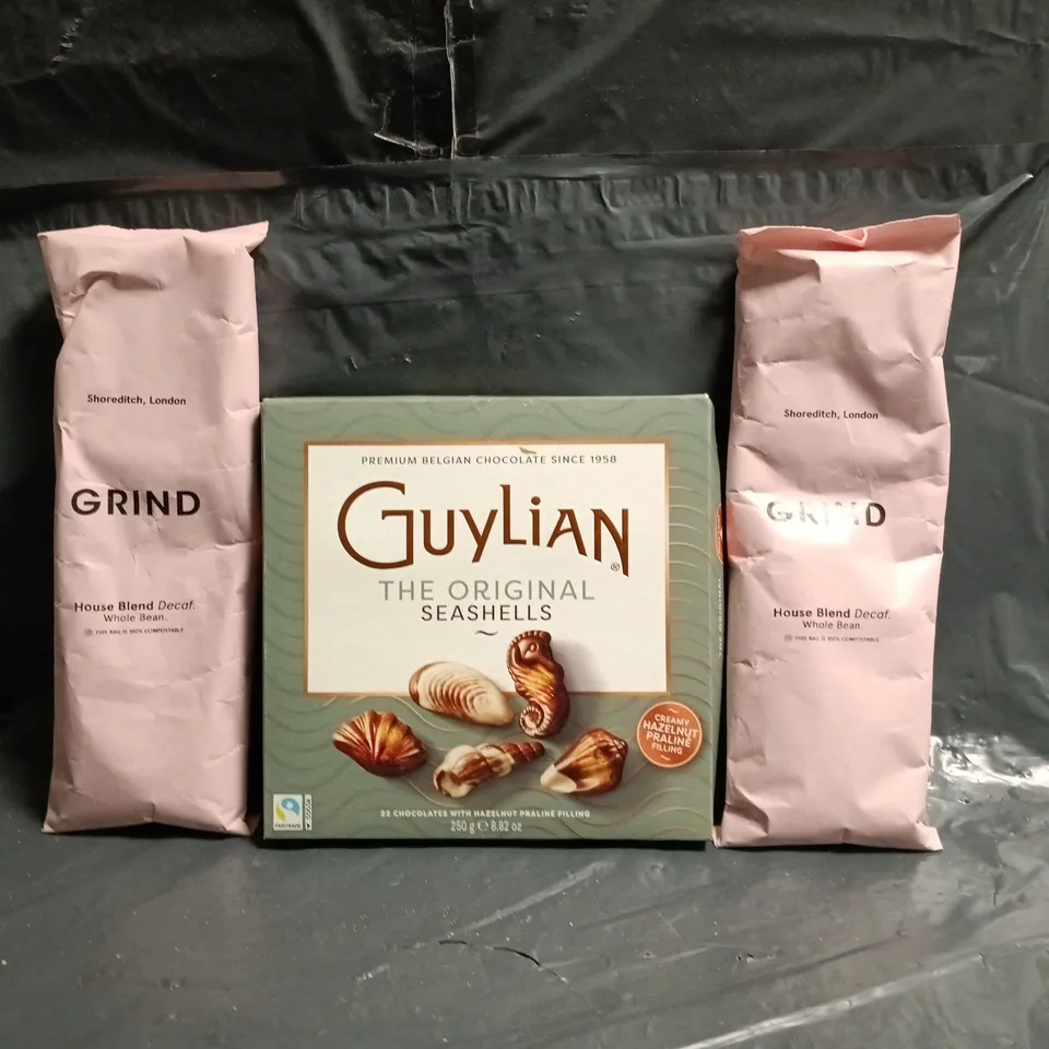 APPROXIMATELY 12 ASSORTED FOOD AND DRINK ITEMS TO INCLUDE GRIND COFFEE, GUYLIAN, AND COCONUT WATER