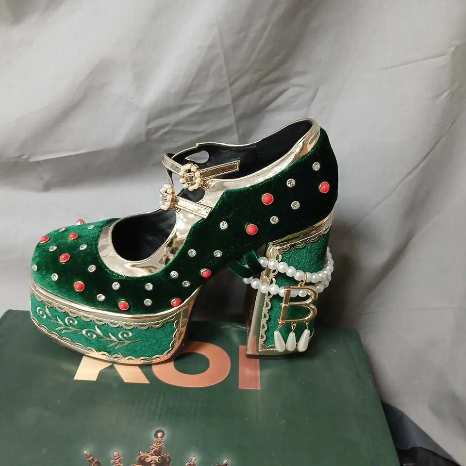 KOI BOLEYN'S REVENGE BEJEWELED VELVET HEELS - GREEN, UK8