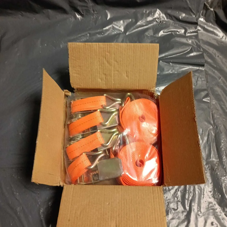 ORANGE RATCHET TIE-DOWN STRAPS – SET OF 4, IN BOX