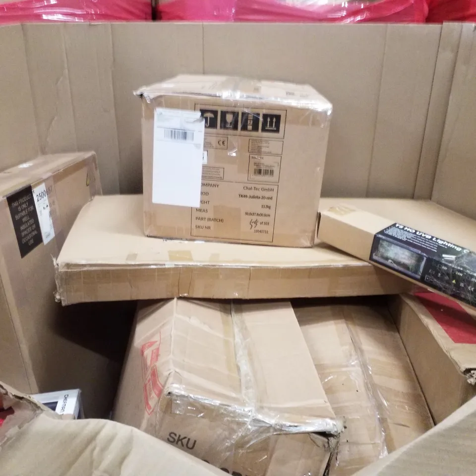 PALLET CONTAINING ASSORTED PRODUCTS INCLUDING OFFICE CHAIR, TWIN BED FRAME WITH WOOD HEADBOARD, LED AQUARIUM LIGHT & TWIN STACK AIR FRYER