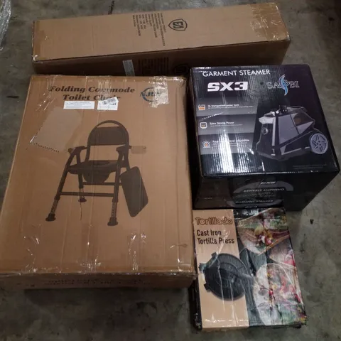 PALLET CONTAINING ASSORTED PRODUCTS INCLUDING FOLDING COMMODE TOILET CHAIR, CAST IRON TORTILLA PRESS, GARMENT STEAMER, FOLDING CHAIR & OFFICE CHAIR