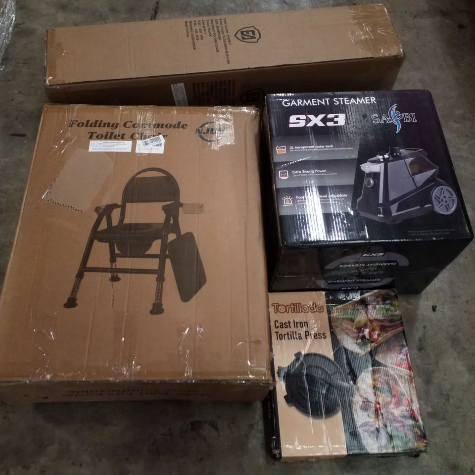PALLET CONTAINING ASSORTED PRODUCTS INCLUDING FOLDING COMMODE TOILET CHAIR, CAST IRON TORTILLA PRESS, GARMENT STEAMER, FOLDING CHAIR & OFFICE CHAIR