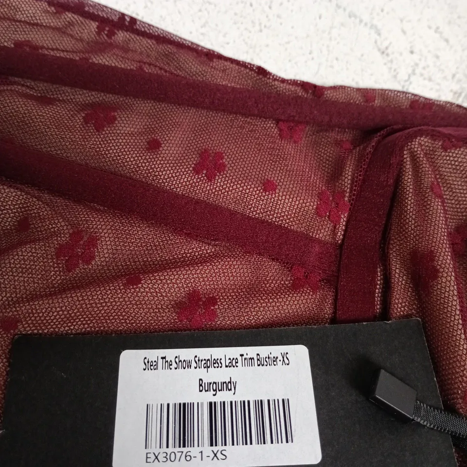 WHITE FOX STEAL THE SHOW STRAPLESS LACE TRIM BUSTIER – BURGUNDY, UK 8 (XS)