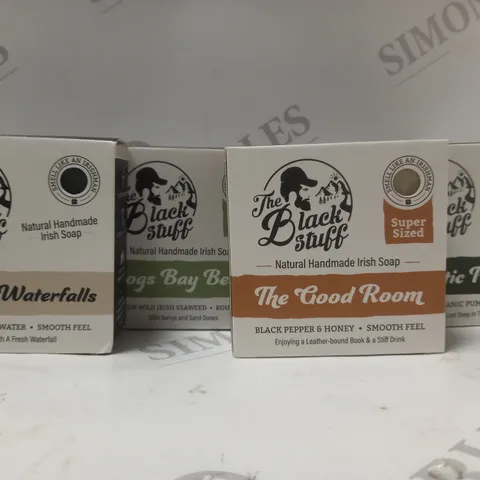 BOX OF 4 THE BLACK STUFF SOAP BARS TO INCLUDE WICKLOW WATERFALLS, DOGS BAY BEACH, THE GOOD ROOM, ATLANTIC PINE TAR