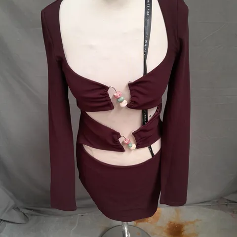 WHITE FOX ONE DESIRE LONG SLEEVE MINI DRESS IN DARK BURGUNDY SIZE M