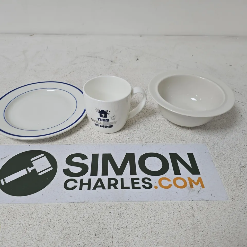 LOT OF APPROXIMATELY 20 ASSORTED POTTERY AND GLASS ITEMS TO INCLUDE PLATES, A BOWL AND A MUGS