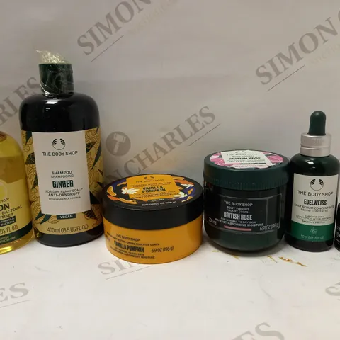 LOT OF 6 ASSORTED THE BODY SHOP PRODUCTS TO INCLUDE VANILLA PUMPKIN BODY BUTTER, BRITISH ROSE BODY YOGURT, EDELWEISS SERUM CONCENTRATE, ETC